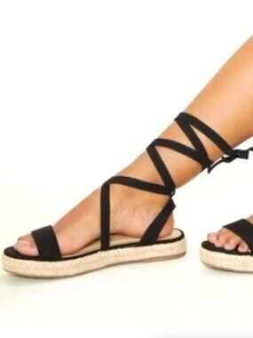 Pretty Little Thing Black Sandals Lace Up Espadrilles Size 6 Straw Faux Suede